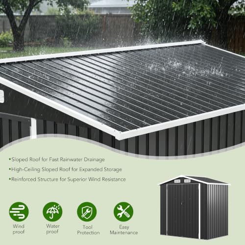 MXV 6x4 FT Outdoor Metal Storage Shed, Lockable Galvanized Steel Tool House w...