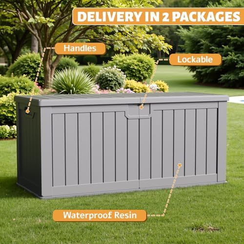 Flamaker 250 Gallon Resin Deck Box, XXL Waterproof Storage Box with Divider