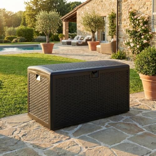 73 Gallon Waterproof Large Resin Deck Box Indoor Outdoor, Lockable Storage Co...