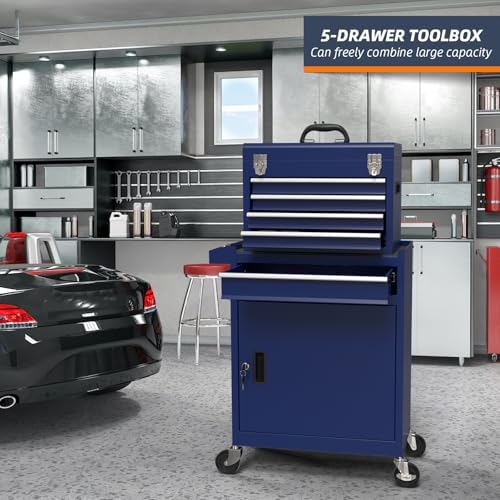 5-Drawer High Capacity Rolling Tool Box, Removable Cabinet Storage Tool Chest...