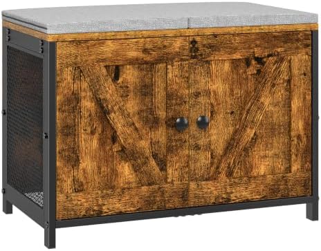 ThreeHio Shoe Bench with Cushion & Doors, Small Entryway Storage Bench
