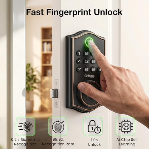 GHome Smart Fingerprint Door Lock for Front Door, 1.0s Unlock AI Self-Learnin...
