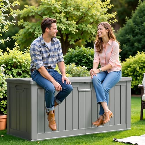 Flamaker 250 Gallon Resin Deck Box, XXL Waterproof Storage Box with Divider