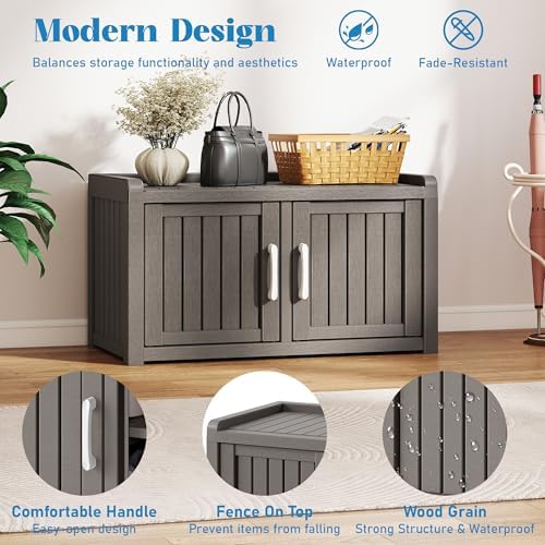 2-Tier Storage Bench, Waterproof UV-Resistant Outdoor Shoe Storage Cabinet wi...
