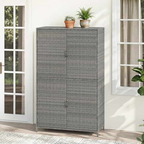 Tangkula Rattan Outdoor Storage Cabinet, Patiojoy Outdoor Cabinet with 2 Adju...
