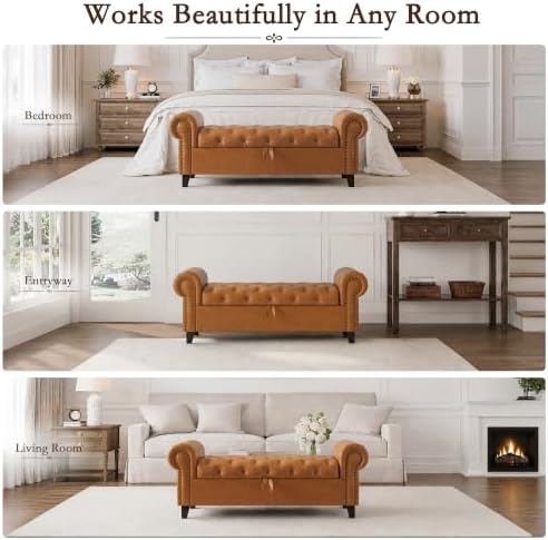 51 Inch Faux Leather Storage Bench with Rolled Arms, Chesterfield Tufted Otto...