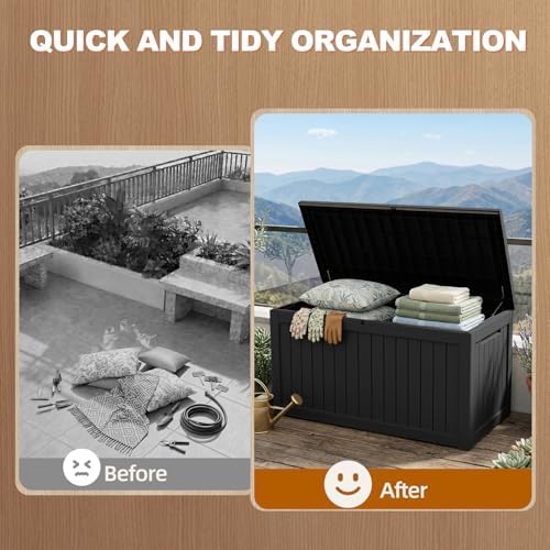 EFU Outdoor Storage Box 320 Gallon Deck Box, Waterproof Resin, Black