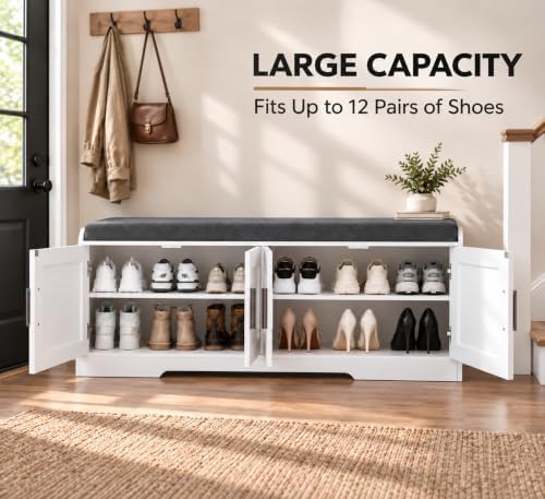 Homleke Shoe Storage Bench, 4 Doors & Thickened Padded Seat Cushion