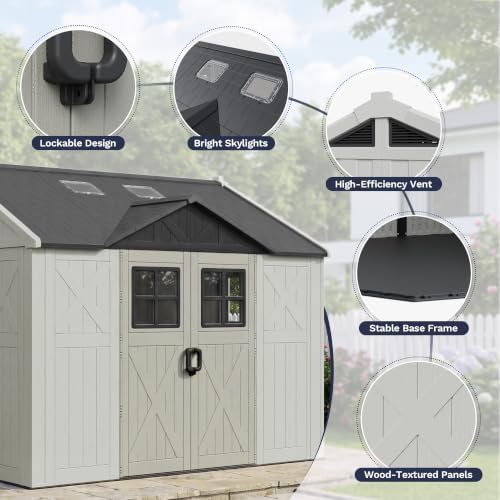 Greesum 10x10FT Resin Outdoor Storage Shed with Three-Sided Doors, Beige