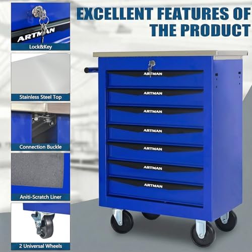 7-Drawer Rolling Tool Chest with Stainless Steel Countertop,Tool Chest with S...