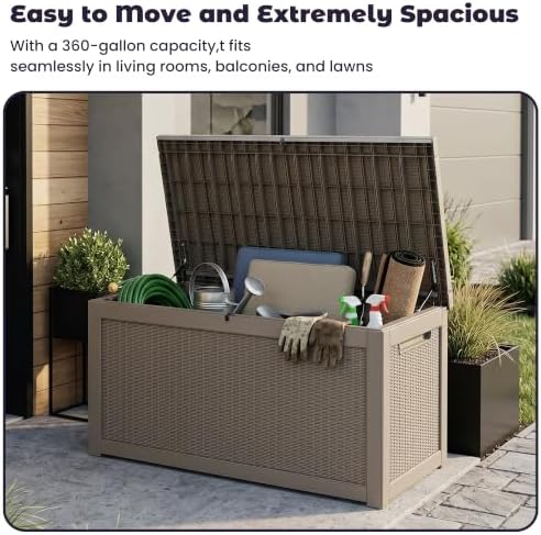 PatioZen 360 Gallon Outdoor Storage Box, Heavy Duty Resin Large Deck Box Orga...