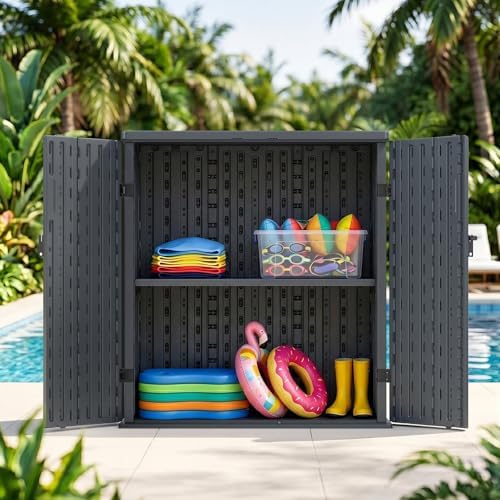 Outdoor Storage Cabinet with 2 Shelves, Waterproof Resin Vertical Tool Shed, ...