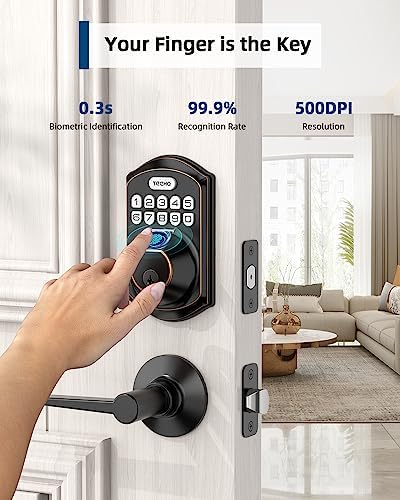 TEEHO TE002L Fingerprint Door Lock with 2 Lever Handles, Keyless Entry Deadbo...