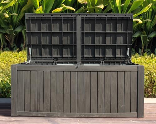 BTEXPERT 150 Gallon Large Resin Deck Box, Outdoor Storage Container with Meta...