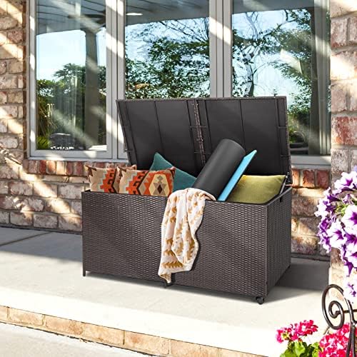 RELAX4LIFE 175-Gallon Outdoor Storage Box, Wicker Rattan Outside Storage Cont...