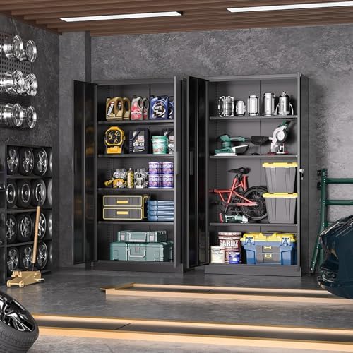 Greenvelly Metal Cabinet, 72” Black Tool Steel Locking Cabinet with Doors and...