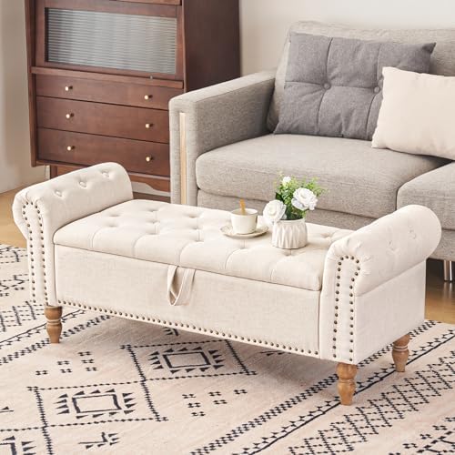 Furniliving 51” Storage Benches, End of Bed Bench with Button-Tufted Large Up...