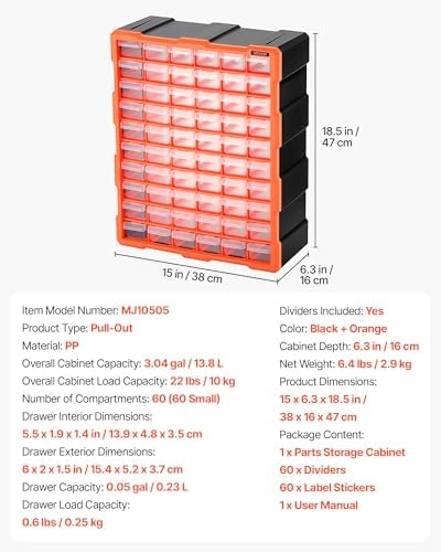 VEVOR 60-Drawer Storage Organizer, Plastic, Drawer Storage Cabinet for Garage...