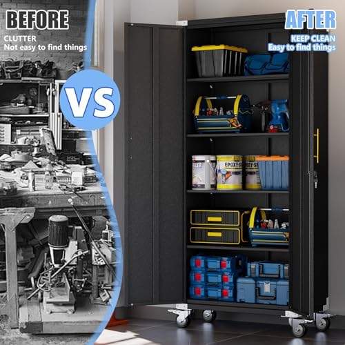 pozdeg 71" Black Tall Lockable Rolling Metal Garage Storage Cabinet 