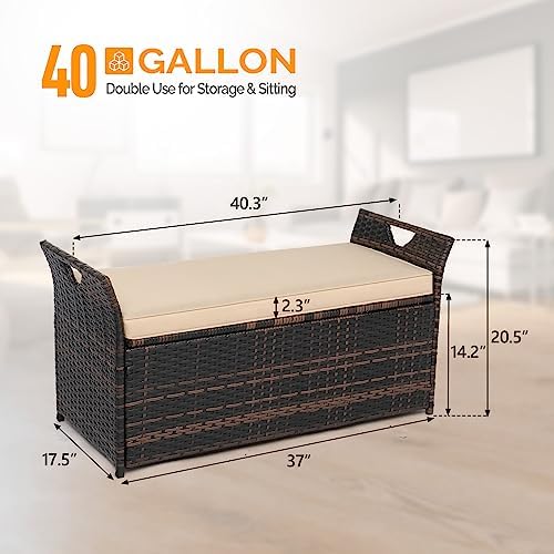 VINGLI 40 Gallon Outdoor Storage Bench with Cushion, Rattan Storage Box, Pati...