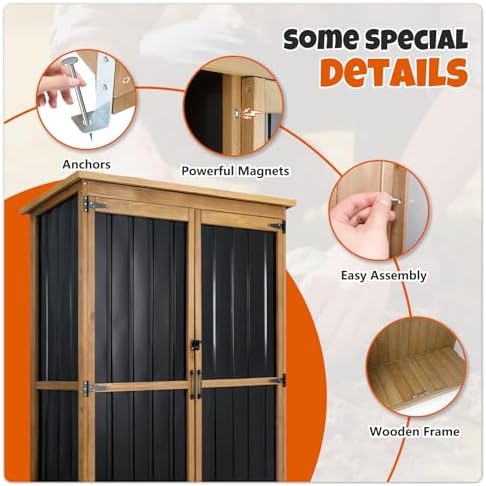 Outdoor Storage Cabinet with Shelves, Wood & Metal Storage Shed with Weat...