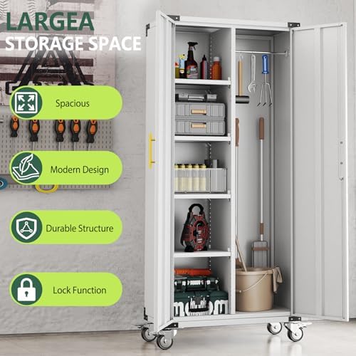 71" Tall Broom Closet Storage Cabinet with Hanging Rod for Cleaning Supp...
