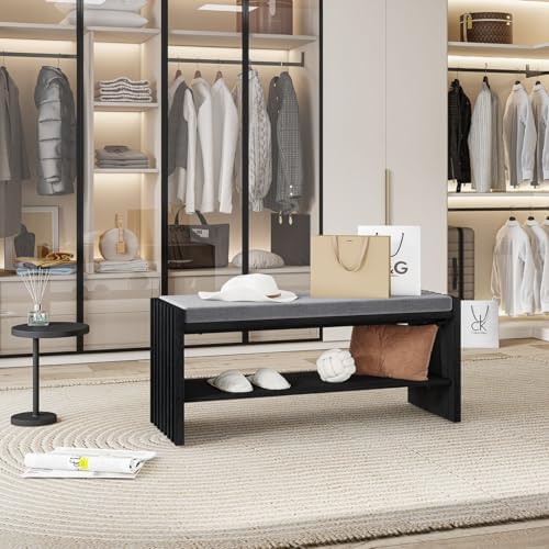 BON AUGURE Entryway Shoe Bench with Storage & Cushion for Mudroom, Black