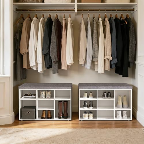 DINZI LVJ Shoe Storage Bench with Cushion, 31.5" Cubby Shoe Rack, 9 Cubbies