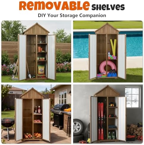 Outdoor Storage Cabinet with Shelves, Wood & Metal Storage Shed with Weat...