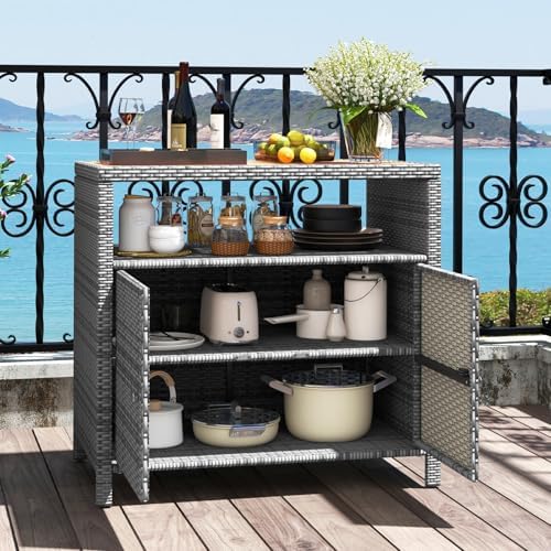 Rattan Storage Cabinet, Outdoor & Indoor Sideboards with Acacia Wood Coun...