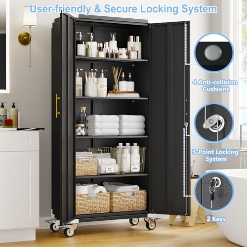 pozdeg 71" Black Tall Lockable Rolling Metal Garage Storage Cabinet 