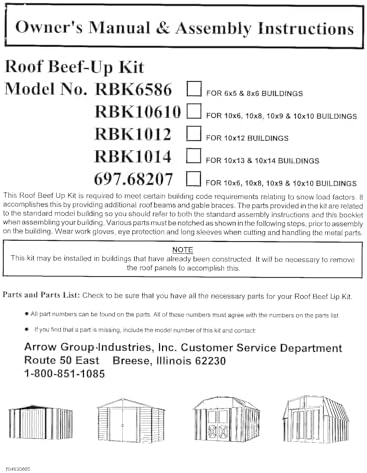 Arrow 6586 Roof Strengthening Kit for Shed Roofs, 6 by 5-Feet and 8 by 6-Feet