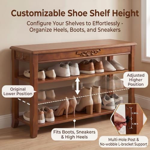 Shoe Rack Bench with Storage 3 Tier Solid Wood Entryway Shoe Rack 31.5"