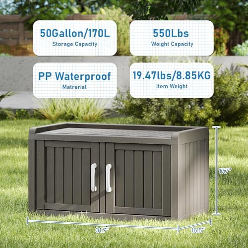 2-Tier Storage Bench, Waterproof UV-Resistant Outdoor Shoe Storage Cabinet wi...