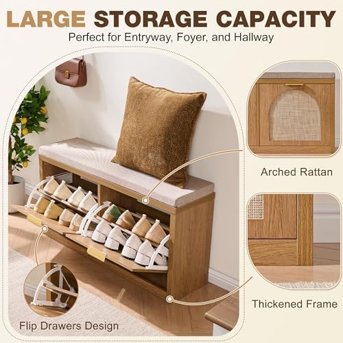 Rattan Narrow Entryway Bench with Shoe Storage, 2 Flip Drawers & Coat Rac...