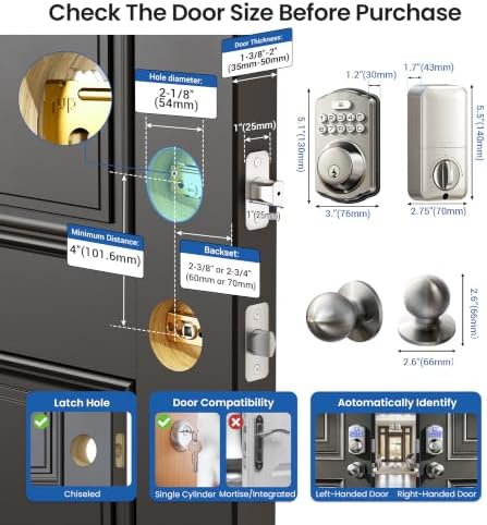 Veise KS01C Keyless Entry Deadbolt Door Lock with Knobs, Satin Nickel