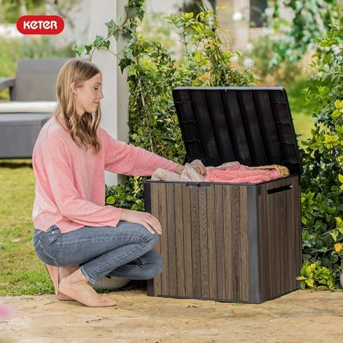 Keter Premium Everwood 30 Gal Outdoor Storage Box and Patio Side Table