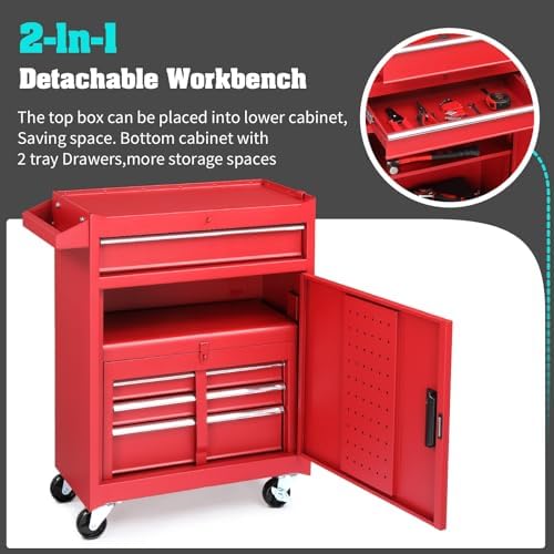 Winado 4-Drawer Rolling Tool Chest, 2-in-1 Large Storage Toolbox, Red