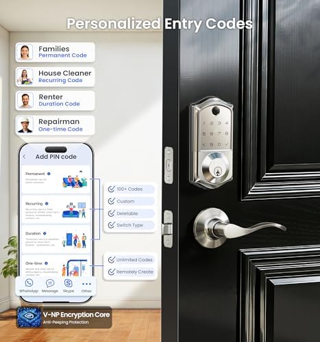 Veise VE017-L Fingerprint Smart Lock with 2 Lever Handle Set, Satin Nickel