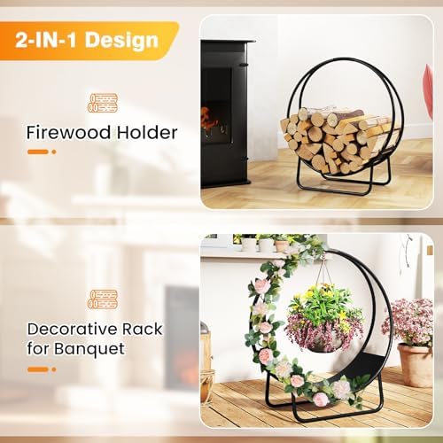 Goplus Firewood Log Hoop, 20" Round Heavy-duty Metal Curved Log Rack wit...