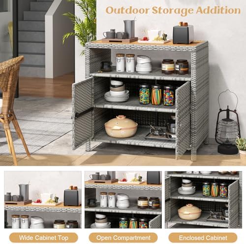 Rattan Storage Cabinet, Outdoor & Indoor Sideboards with Acacia Wood Coun...