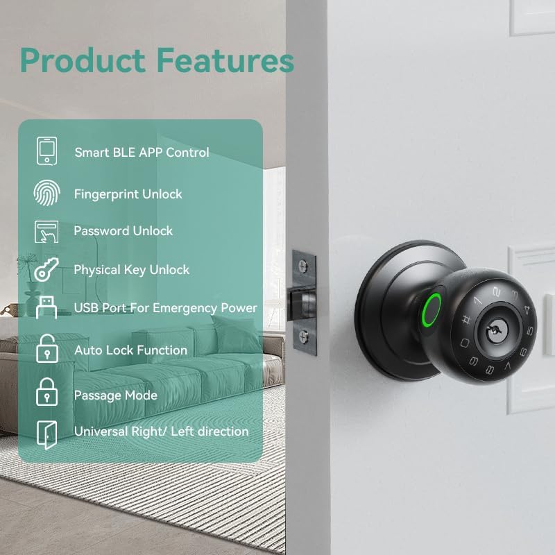 Fingerprint Door Lock,4 in 1 Smart Door Knob with Keypad Code,Biometric &...