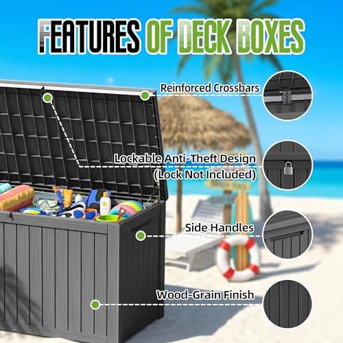 200 Gallon Outdoor Storage Deck Box Waterproof Resin Lockable Outside Bench P...