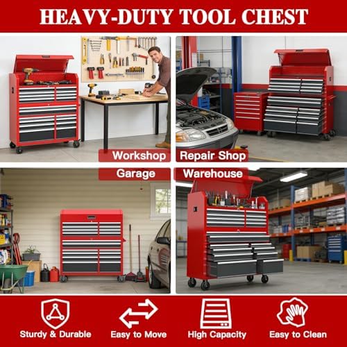 LARBANKE 60'' Rolling Tool Chest Combo, 18-Drawer Heavy Duty Steel To...