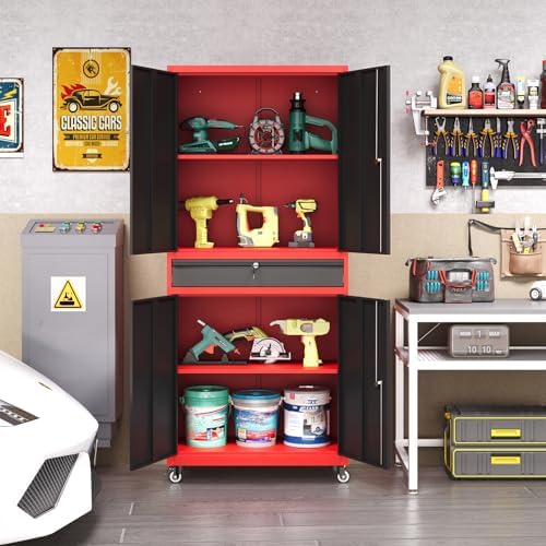 Metal Garage Storage Cabinet with Wheels, Rolling Garage Cabinet with Locking...