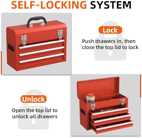 Portable Metal Tool Box – 3 Drawers Lockable Mini Toolbox, Heavy-Duty Tool Ch...