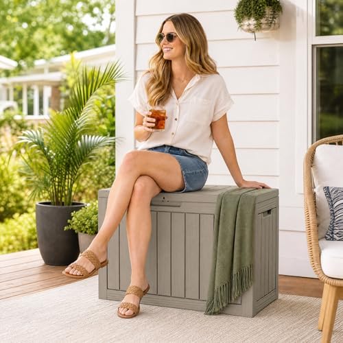 Outdoor Storage Box Resin Deck Box Waterproof Gray Brown 51 Gallon