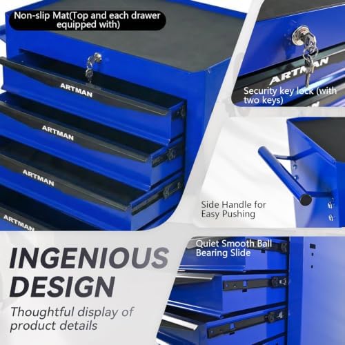 Heavy Duty 6-Drawer Rolling Tool Chest, Key Lock Tool Storage Cabinet with Lo...