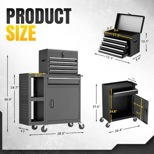 LDHTHOPI 5-Drawer Rolling Tool Chest, 3-in-1 Detachable Top Box