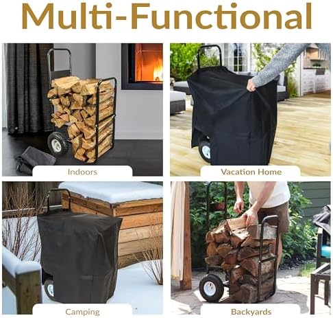 Sunnydaze Metal Firewood Carrier with Wheels, Cover Included, 43” H, Black